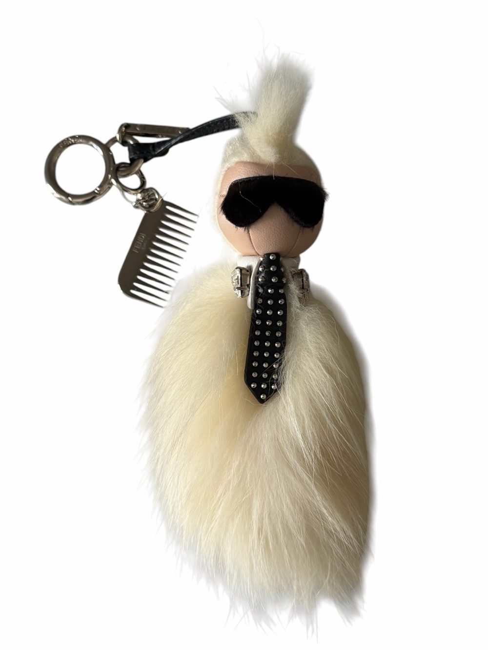Fendi Karlito Tuxedo Bag Charm White Fur Leather Sunglasses Keychain